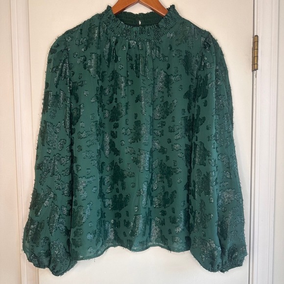 Mello Day Tops - Mello Day Green Sheer Metallic Burnout Blouse Ruffle Mock Neck Long Sleeve Top